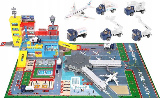 Speelgoed Luchthaven Vliegveld Set - Speelmat Met Airport Accessoires - Playing Mat Speelkleed Met Landingsbaan Met Vliegtuig Verkeerstoren & Meer - Speelset - 70-Delig