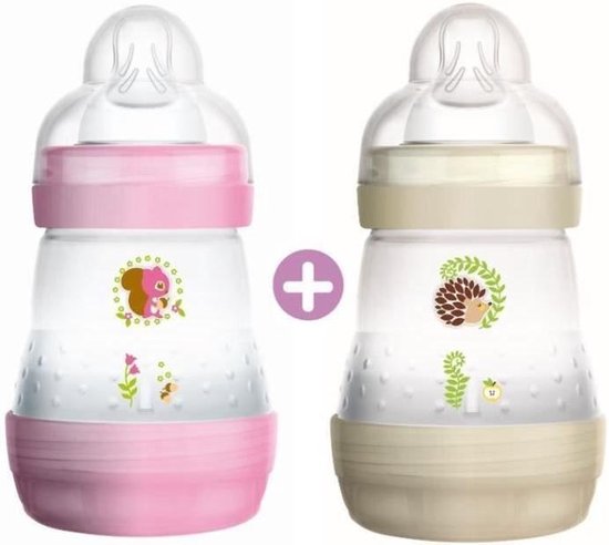 MAM Anti-Colic Easy Start-fles - 160 ml - 0 tot 6 maanden - Flow speen 1 - Set van 2 - roze en wit