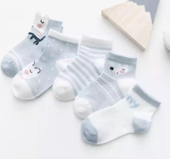 5 paar New born Baby sokken - set babysokjes - 0-6 maanden - blauwe babysokken - muis - muisje - multipack - dierensokken