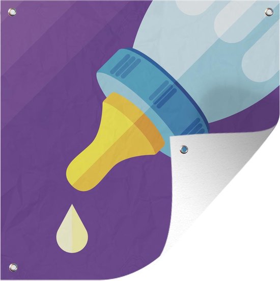 Tuinposter Druppels illustratie - Een illustratie van een babyfles met een druppel melk tuinposter 50x50 cm - Tuindoek/Buitencanvas/Schilderijen voor buiten (tuin decoratie)