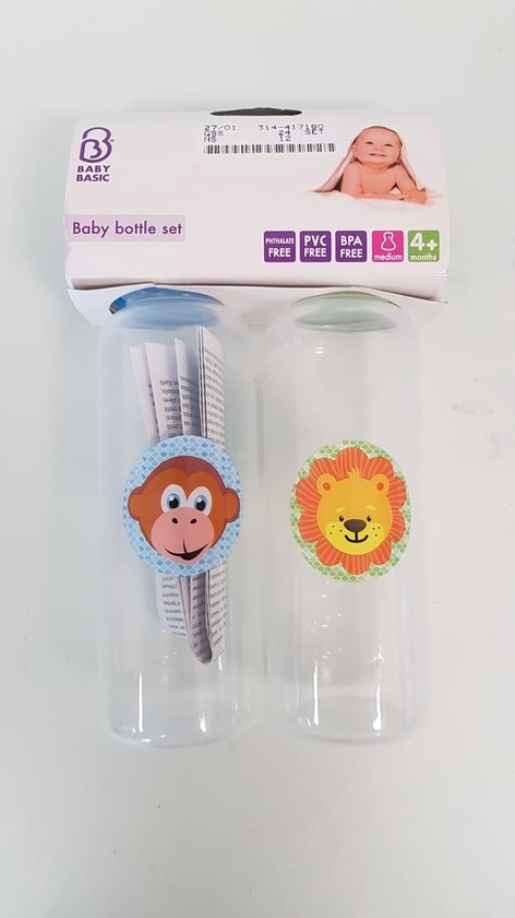 Babyfles blauw en groen, aap en leeuw