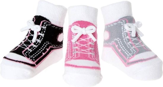 Girl Sneakers: 3 paar baby sokjes die op sneakers lijken-voor baby meisje 0-12 maanden-Witte vetertjes-Anti slip zooltjes-Kraamcadeau-Baby shower-Cadeau zakje