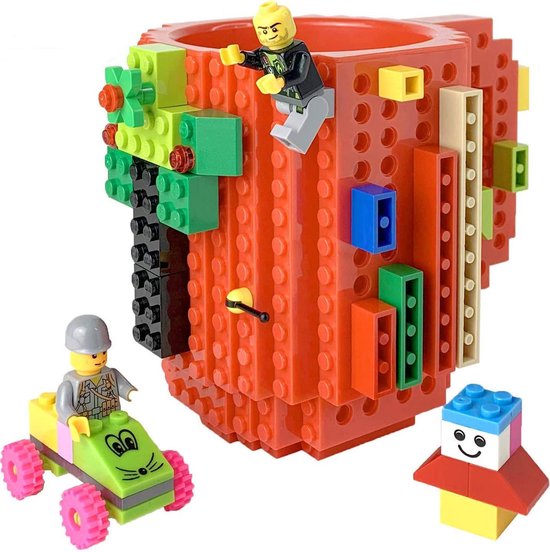 Lego Mok/ Build on Brick Mug - oranje - 350 ml - bouw je eigen mok met bouwsteentjes - BPA vrije drinkbeker cadeau voor kinderen of volwassenen - koffie thee limonade of andere dranken - pennenbeker - creatief accessoire voor op bureau -HnD
