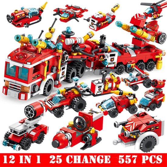 Brickzz | 12 in 1 Brandweerwagens - Brandweerauto - Helikopter - Boot - Vrachtwagen - Bluswagen - Brandweerkazerne - Ladderwagen - Brandweerwagen - Fireman - City - Compatibel met LEGO - Geschikt voor LEGO Brandweer - 557 Bouwstenen