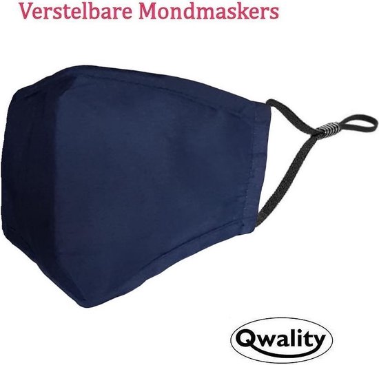 Mondkapje Wasbaar - Verstelbaar Mondmasker - Stof - Katoen - Met Neusbrug - Donker Blauw - Qwality