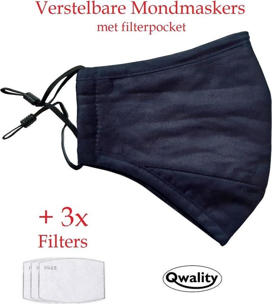 Mondkapje Wasbaar - MET Filter Zakje en 3 Gratis Filters - Verstelbaar Mondmasker - Stof - Katoen - Met Neusbrug - Donker Blauw - Qwality