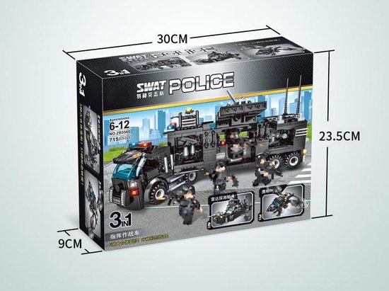 Bouwblokken Politie City | Vergelijkbaar met LEGO | SWAT Truck | 812 Onderdelen + 8 Poppetjes