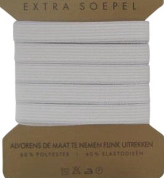 stevig band elastiek - wit - 12 mm breed bandelastiek - voor kleding of mondkapjes - blister 1,2 cm x 5 meter