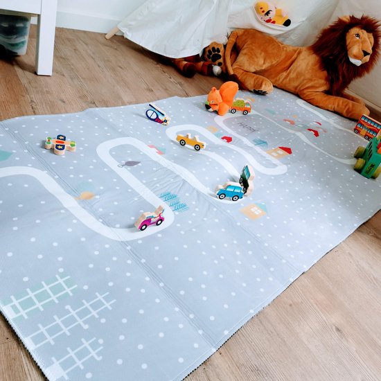 Fyn Spelen Speelkleed - Speelmat - Auto Grijs pastel - Verkeerskleed Kinderkamer Jongen Meisje - Mat kinderkamer - Tapijt autootjes