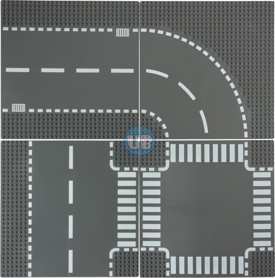 City wegenplaten kruising, recht, bocht en T splitsing - Uniblocks - Geschikt om te combineren met Lego wegenplaten