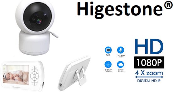 Babyfoon Met Scherm | Baby Monitor | Full HD | 1080P | Met Slaapliedjes | Nachtcamera | Geen Installatie Nodig | Wit | Higestone