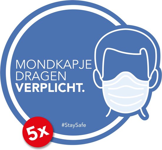 Sticker Mondkapje verplicht - Mondmasker verplicht - 14,5cm x 13cm - Verplaatsbaar - Blauw/Wit - Set van 5 raamstickers