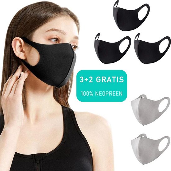 VITAMO Mondkapjes 5 Stuks - Wasbaar en Herbruikbaar Mondkapje - Ice Silk Cotton - Neopreen - Niet-Medische Mondmaskers - Zwart