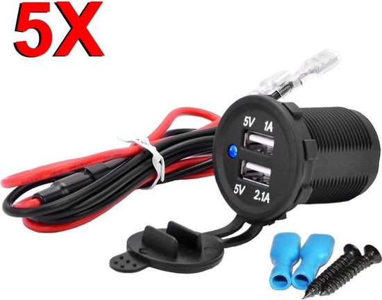 MMOBIEL 5x Universele Waterproof 12V Autolader - 2 USB Poorten Oplader