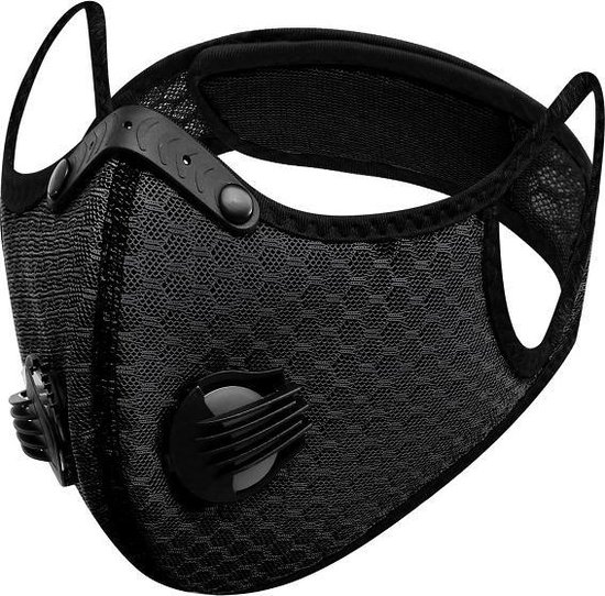 Sportmasker met actieve koolstof filter - 2 ademventielen - zwart