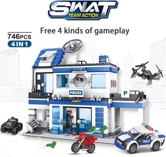 Brickzz | 4 in 1 Politiebureau - Police station - Politiewagen - Politieauto - Politievoertuigen - Politieman - Swat - Gevangenis - Prison - Motor - Boef - Geschikt voor LEGO - Compatibel met LEGO - 746 Bouwstenen