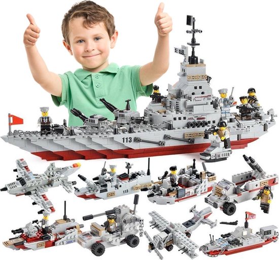 Brickzz | 8 in 1 Oorlogsschip - Gevechtsboot - Onderzeeër - Speedboot - Militair Schip - Marine Schip - Boot - Warship - Battleship - Oorlog - Schepen - Boten - Leger - Defensie - Creator - Geschikt voor LEGO - Compatibel met LEGO - 1000+ Bouwstenen