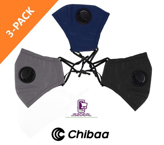 Chibaa - JS2DEAL - 3-Pack Zwart/Grijs/Blauw - Mondkapje Wasbaar Herbruikbaar Mondmasker Met Ventiel en 1 vervangbare PM2.5 Filter - Katoenen Mondmasker met ventiel en filter - ijzeren neusbeugel - Mouth Mask - Stoffen Mond masker - Mond Kapje