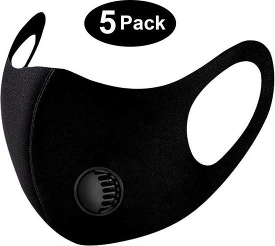 5 pack niet medische mondmasker-wasbaar stoffen mondkapje met adem ventiel filter Neopreen/Scuba zeer goede kwaliteit, niet medisch mondkapje,zwart