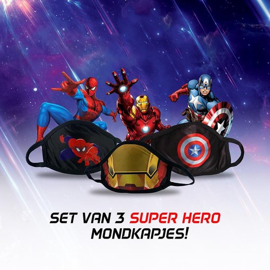 Set van 3 Rekbare Super Hero  Mondkapjes - Kindermaat S (kids t/m 9 jaar) - Niet-Medisch - Wasbaar - Herbruikbaar - Spider-Man - Iron Man - Captain America - Super helden