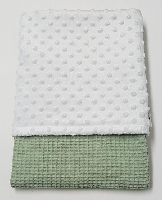 little feet-baby zomer dekentje 100 x 75 – oud mintgroen wafelkatoen wit minky fleece-wiegdeken-deken kinderwagen