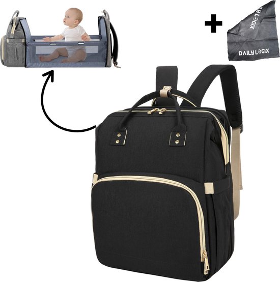 Luiertas - Verzorgingstas - Met Verschoonmatje - Baby Rug Tas Met Isoleervak - Mommy Bag - Inclusief Buggy en Kinderwagen Haken - Extra Opbergruimte - Unisex/Jongens/Meisjes - Zwart - Daily Logix®