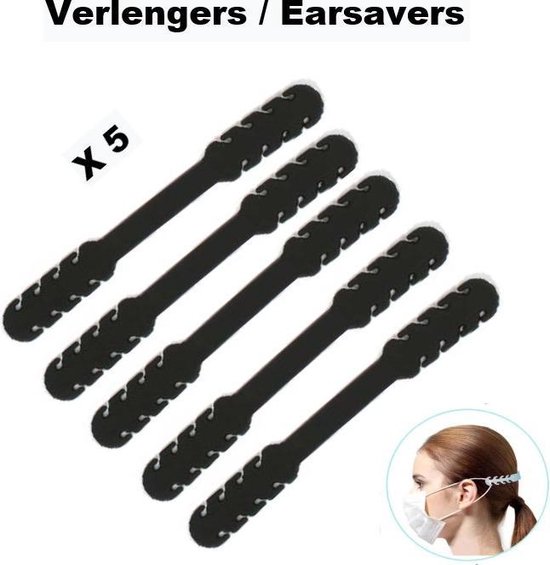 Mondkapje / Mondmasker Verlenger Earsavers - Set van 5 - Zwart - Voorkomt irritatie en pijnlijke oren - Oor Beschermer - Mondkapje Verlengstuk