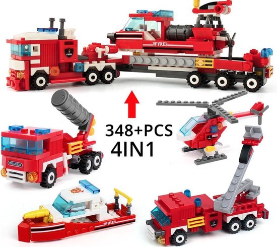 DC Goodyz Bouwset Brandweer - Lego Compatible - 348 Onderdelen - 4 in 1 Bouwpakket - Brandweerwagen - Boot - Helikopter