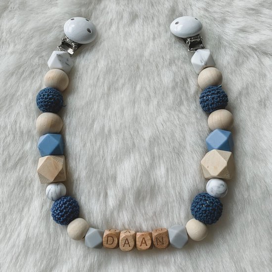 Babybeads - Wagenspanner met naam - Donkerblauw met grijs