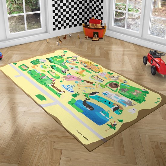 PLAYGROUND Speelkleed Kinderkamer - Speelmat Foam met Dierentuin Dieren - Oprolbaar Speeltapijt met Antislip Onderkant, Isolerend en Waterdicht, Vloerkleed Modern, Zacht Rubber Speelvloerkleed, 100x150cm