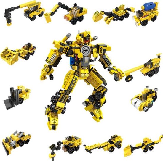 Brickzz | 12 in 1 Bouwplaats voertuigen - Werkplaats - Werkverkeer - Robot - Vrachtwagen - Truck - Takelwagen - Hijskraan - Heftruck - Graafmachine - Bulldozer  - Compatibel met LEGO - Geschikt voor LEGO - 576 Bouwstenen