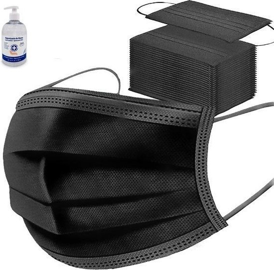 100 stuks - zwarte wegwerp mondkapjes - 3laags - gezichtsmaskers - Handgel 500ml met Pomp