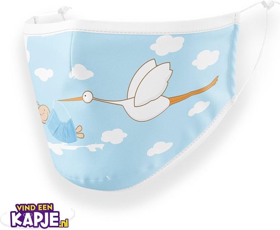 Geboortekapje, ooievaar met baby in mondkapje! | mondkapje | mondmasker | wasbaar | herbruikbaar | neusclip | polyester | katoen | verstelbaar | geboorte | hoera | beschuit | zwanger | kraamkado | baby | bevalling |