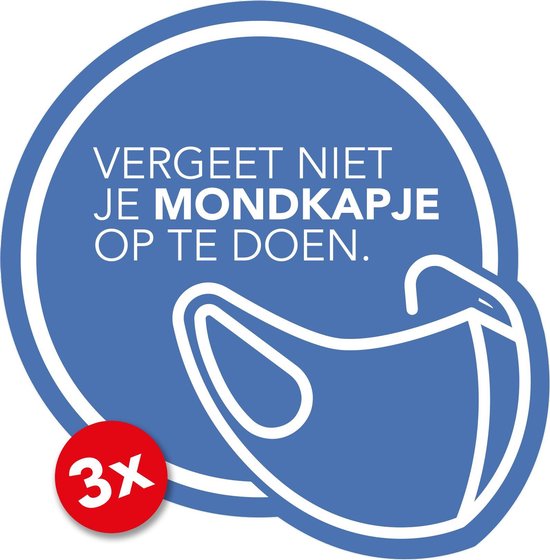 Sticker Vergeet niet je mondkapje op te doen - Mondkapje verplicht - Mondmasker verplicht - 14cm x 14cm - Verplaatsbaar - Blauw/Wit - Set van 3 raamstickers