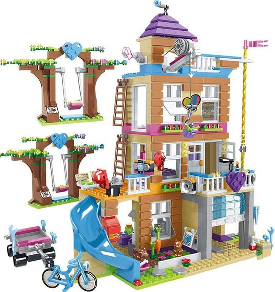 Brickzz | Speelhuis - Girls - Meiden - Friends - Villa - Huis - Glijbaan - Fiets - Dieren - Schommel - Speelfiguren - Speeltuin - Geschikt voor LEGO Friends - Compatibel met LEGO - 868 Bouwstenen