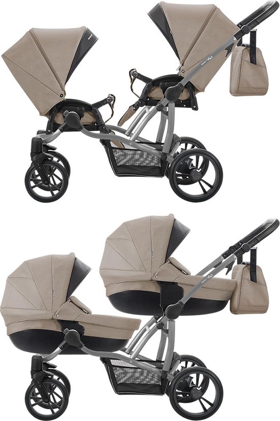 Bebetto 42 Duowagen - Tweeling kinderwagen - duo buggy 2 in 1 (2 wiegen + 2 zitjes) Beige Graphite Frame