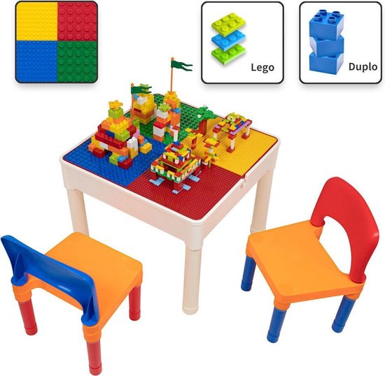 Decopatent® - Kindertafel met 2 Stoeltjes - Speeltafel met bouwplaat en vlakke kant - Geschikt voor Lego® & Duplo® Bouwstenen