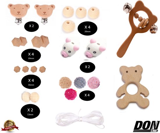 Roze DIY Setje – Houten Wagenspanner / Houten Bijtring / Bijtringkoord / Baby gym Speeltjes / Kinderwagen Speelgoed / Fopspeenkoord / Speenkoord / Baby gym Speeltjes DIY Kit / Leuk Babyshower / Kraam cadeau / Jongens + Meisjes - Roze