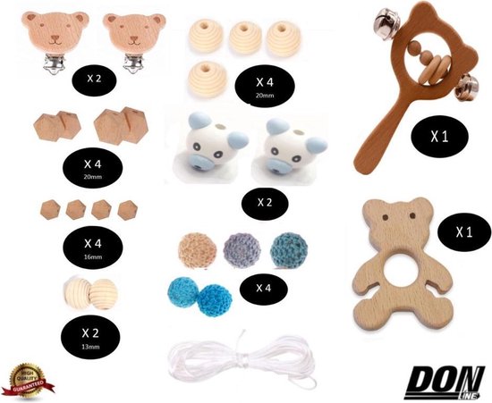 Blauw DIY Setje – Houten Wagenspanner / Houten Bijtring / Bijtringkoord / Baby gym Speeltjes / Kinderwagen Speelgoed / Fopspeenkoord / Speenkoord / Maxi-Cosi speelgoed / Baby gym Speeltjes DIY Kit / Leuk Babyshower / Kraam cadeau / Jongens + Meisjes