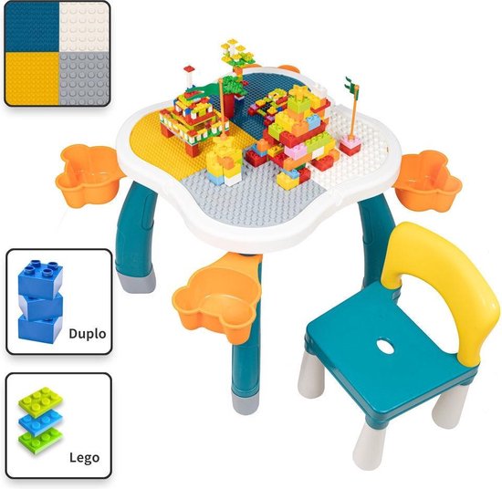 Decopatent® - Kindertafel met 1 Stoeltje - Speeltafel met bouwplaat en vlakke kant - Geschikt voor Lego® & Duplo® Bouwstenen