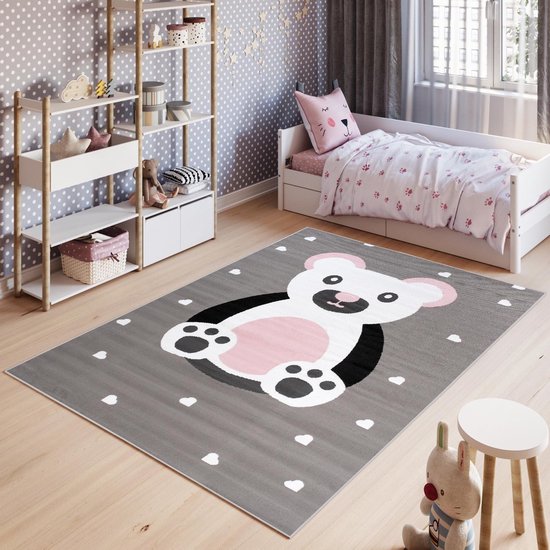 Tapiso Pinky Vloerkleed Speelkleed Woonkamer Slaapkamer Kinderkamer Babykamer Grijs Beer Trendy Interieur Duurzaam Hoogwaardig Kindertapijt Maat - 120 x 170 cm