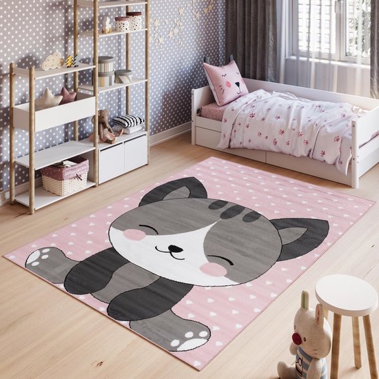 Tapiso Pinky Vloerkleed Speelkleed Woonkamer Slaapkamer Kinderkamer Babykamer Roze Kat Design Interieur Duurzaam Hoogwaardig Kindertapijt Maat - 120 x 170 cm