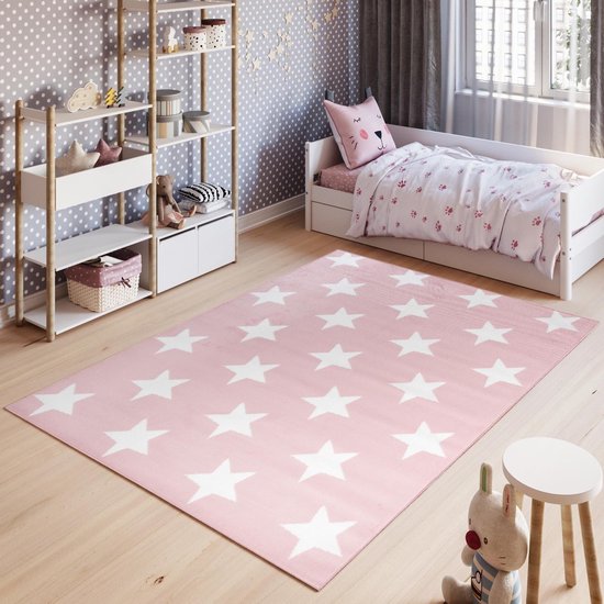 Tapiso Pinky Vloerkleed Speelkleed Woonkamer Slaapkamer Kinderkamer Babykamer Ster Roze Creme Design Trendy Duurzaam Hoogwaardig Kindertapijt Maat - 120 x 170 cm