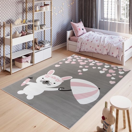 Tapiso Pinky Vloerkleed Speelkleed Woonkamer Slaapkamer Kinderkamer Babykamer Konijn Grijs Roze Design Interieur Hoogwaardig Kindertapijt Maat - 160 x 220 cm