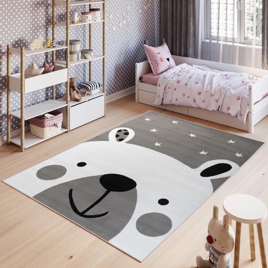 Tapiso Pinky Vloerkleed Speelkleed Woonkamer Slaapkamer Kinderkamer Babykamer Beer Grijs Design Interieur Duurzaam Hoogwaardig Kindertapijt Maat - 80 x 150 cm