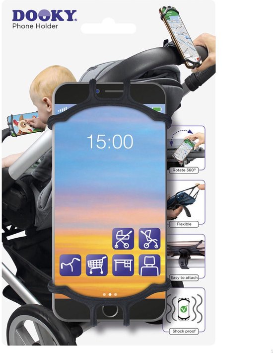 Dooky Telefoonhouder Smartphone Telefoon houder 360* Rotatie Universeel Kinderwagen Fiets Zwart