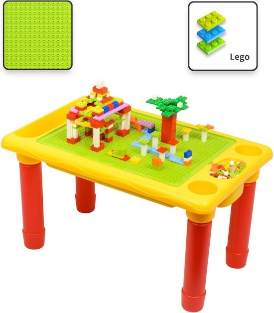 Decopatent® - Kindertafel Bouwtafel - Speeltafel met bouwplaat (geschikt voor LEGO DUPLO) en vlakke kant - 4 Vakken - Met 310 Bouwstenen