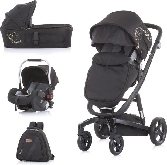 Chipolino Eletrctra Complete kinderwagen 3 in 1 met verlichting - inclusief autostoel regenhoes Gold