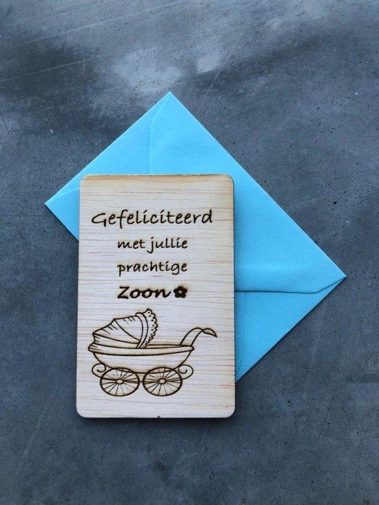 Houtvanjou.nu houten wens kaart houten wenskaartje prachtige zoon geboorte kinderwagen blauw baby