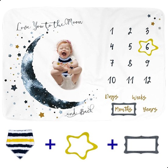 AWEMOZ® Mijlpaaldeken Maan - Baby Dekentje - Milestone Baby Kleed - Fleece Deken - Kraamcadeau Jongen of Meisje - Babyshower - Kraampakket/Geboorte Cadeau - Mijlpaalkaarten Baby - Baby Speelkleed - Fotoherinnering - Cadeau voor Man & Vrouw